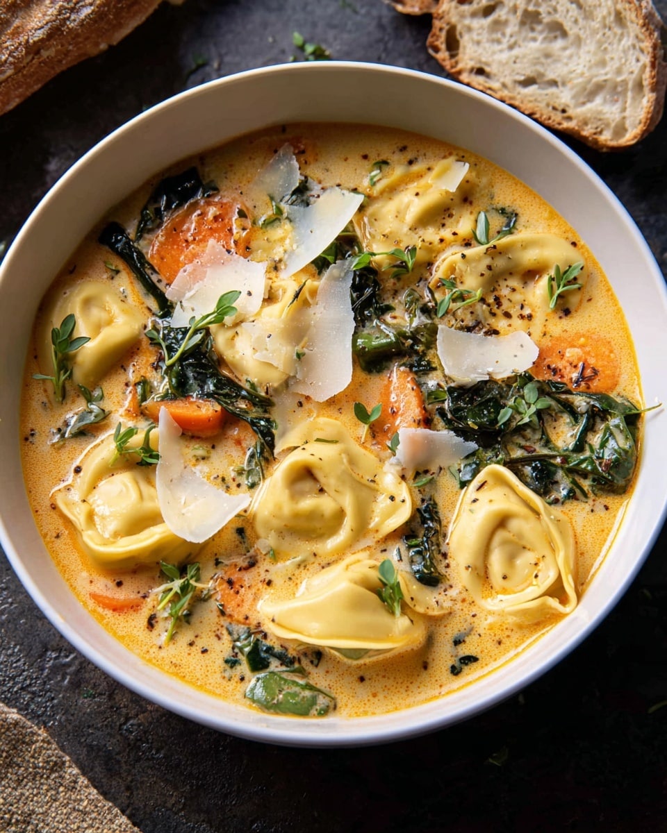 A white bowl filled with creamy orange soup that has visible herbs and spices mixed in. The soup contains several pale yellow tortellini floating on the surface, mixed with dark green leafy vegetables and bright orange carrot slices. On top, thin shavings of white cheese and small green herb sprigs add texture and color contrast. The bowl sits on a dark surface with a piece of light, crusty bread nearby. photo taken with an iphone --ar 4:5 --v 7