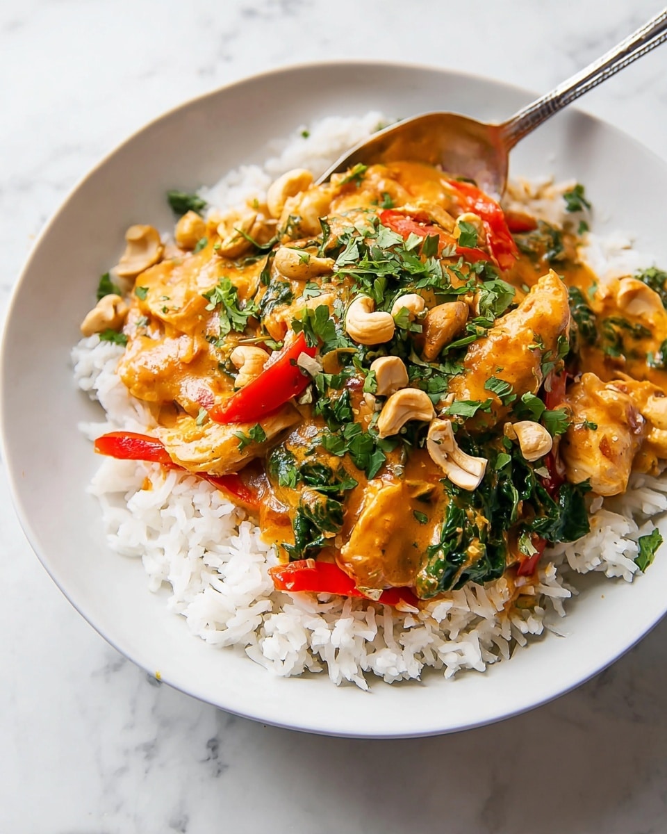 A white plate holds a dish with two main layers. The bottom layer is white, fluffy rice with visible individual grains. On top, there is a thick, orange curry sauce with pieces of light brown chicken, bright green leafy spinach, and red bell pepper slices. The curry is sprinkled with chopped green herbs and whole cashew nuts. A silver spoon is partially visible, resting on the rice and curry. The dish sits on a white marbled surface. photo taken with an iphone --ar 4:5 --v 7