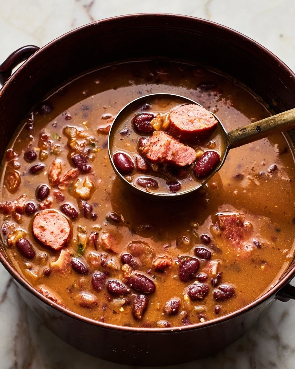 This image shows a dark pot filled with a thick stew that has a rich brown broth. Inside the stew are small dark red beans, chunks of smoked sausage, and pieces of meat, all mixed together. A ladle is scooping some of the stew, holding a portion with several beans and sausage slices visible. The broth looks a bit oily with shiny spots reflecting light. The pot sits on a white marbled surface. photo taken with an iphone --ar 4:5 --v 7