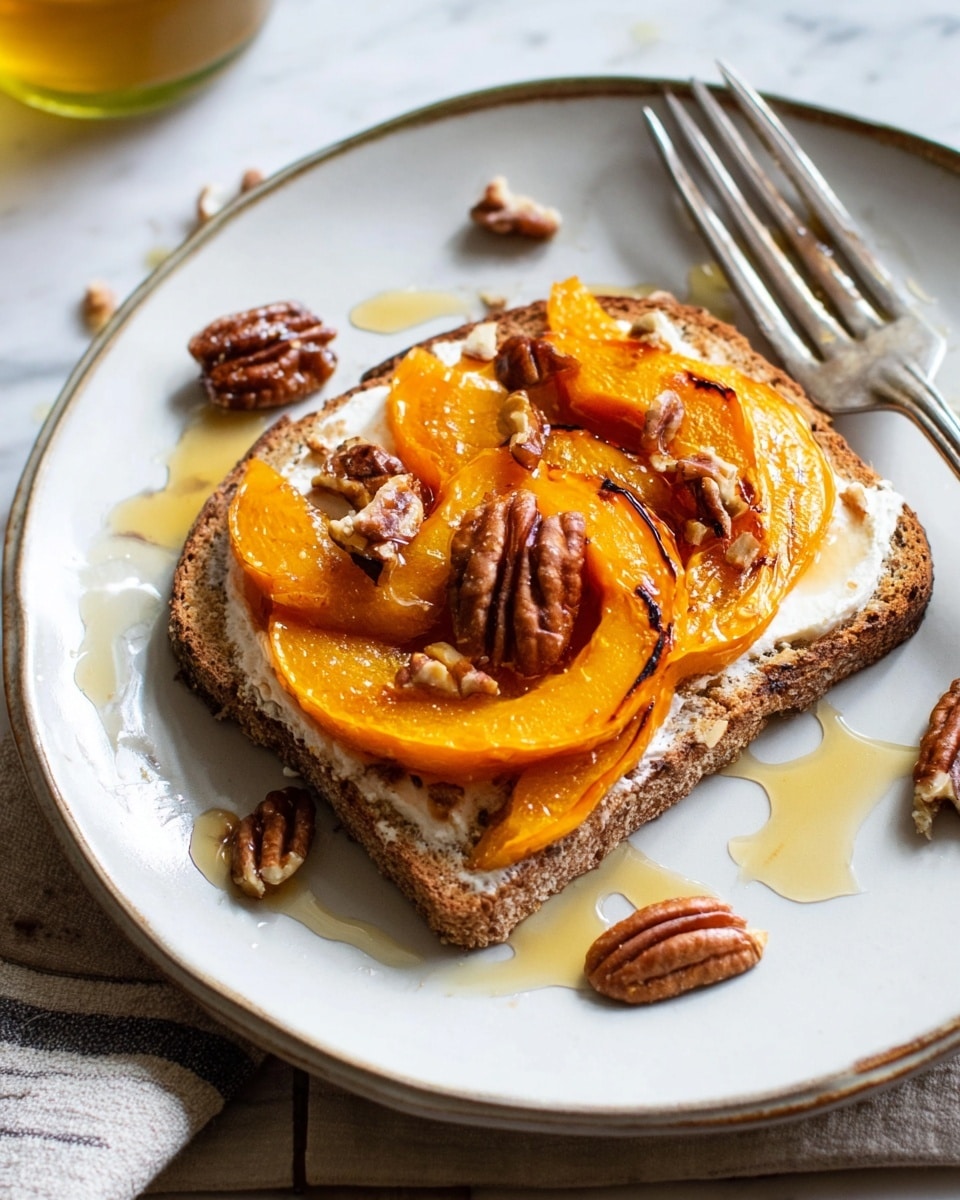 A white plate with a slice of brown toasted bread spread with a creamy white layer, topped with three thick slices of roasted orange pumpkin that have slightly charred edges. Scattered around the toast are small clusters of pecans and a drizzle of golden honey, which also pools in spots on the plate. A silver fork rests behind the toast on the plate, all set on a white marbled surface. photo taken with an iphone --ar 4:5 --v 7
