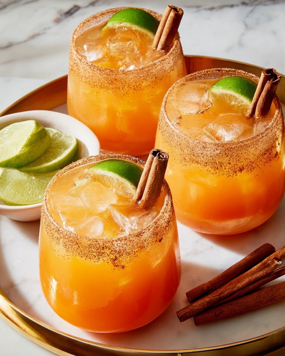 The image shows three short white glasses filled with a bright orange drink and ice cubes. Each glass has a rim coated in a spice mix giving a rough, textured look. Inside each glass, a cinnamon stick stands upright, and a fresh green lime wheel is placed on the rim. In the background, there are two small white bowls: one contains several lime slices, and the other holds cinnamon sticks. All the items sit on a white marbled surface with a brass tray edge partially visible. The photo taken with an iphone --ar 4:5 --v 7