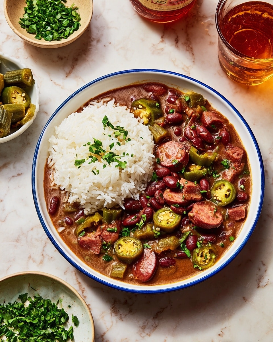 A white bowl with a blue rim holds a dish divided into two parts: a mound of white rice on one side, fluffy and neatly piled, and a thick stew on the other side filled with dark red beans, sliced sausage pieces, okra slices, and chunks of meat all in a rich brown sauce. The stew is garnished with bright green chopped herbs scattered across the surface. Around the bowl, on a white marbled background, there is a small white bowl filled with chopped green herbs, another small white bowl with whole and sliced okra, a glass of amber-colored liquid, and a bottle with a reddish label. The colors are warm, earthy, and fresh, showing a comforting and hearty meal. photo taken with an iphone --ar 4:5 --v 7
