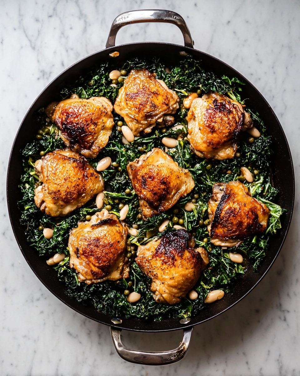 A black round pan filled with eight pieces of browned chicken thighs arranged in a circle on top of dark green cooked kale leaves scattered evenly around. Light beige beans and small green capers are sprinkled over the kale, adding texture and color contrast. The chicken skin is crispy and golden brown with a slight shine. The pan handles are visible on both sides, and the pan sits on a white marbled surface. Photo taken with an iphone --ar 4:5 --v 7