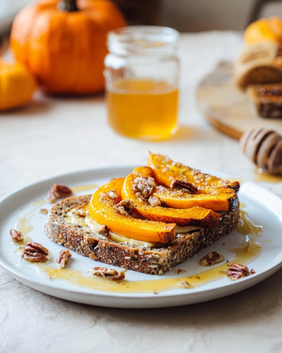 A white plate on a white marbled surface holds a single slice of brown multigrain bread with visible seeds and nuts, spread with a light layer of butter. On top of the bread are three thick slices of roasted bright orange squash with slightly browned, caramelized edges. Around the toast on the plate, small clusters of chopped pecans are scattered, mixed with a thin drizzle of golden honey that also forms a swirl on the plate. In the background, a glass jar with golden honey and some small orange pumpkins add a cozy feel. The photo is taken with an iphone --ar 4:5 --v 7