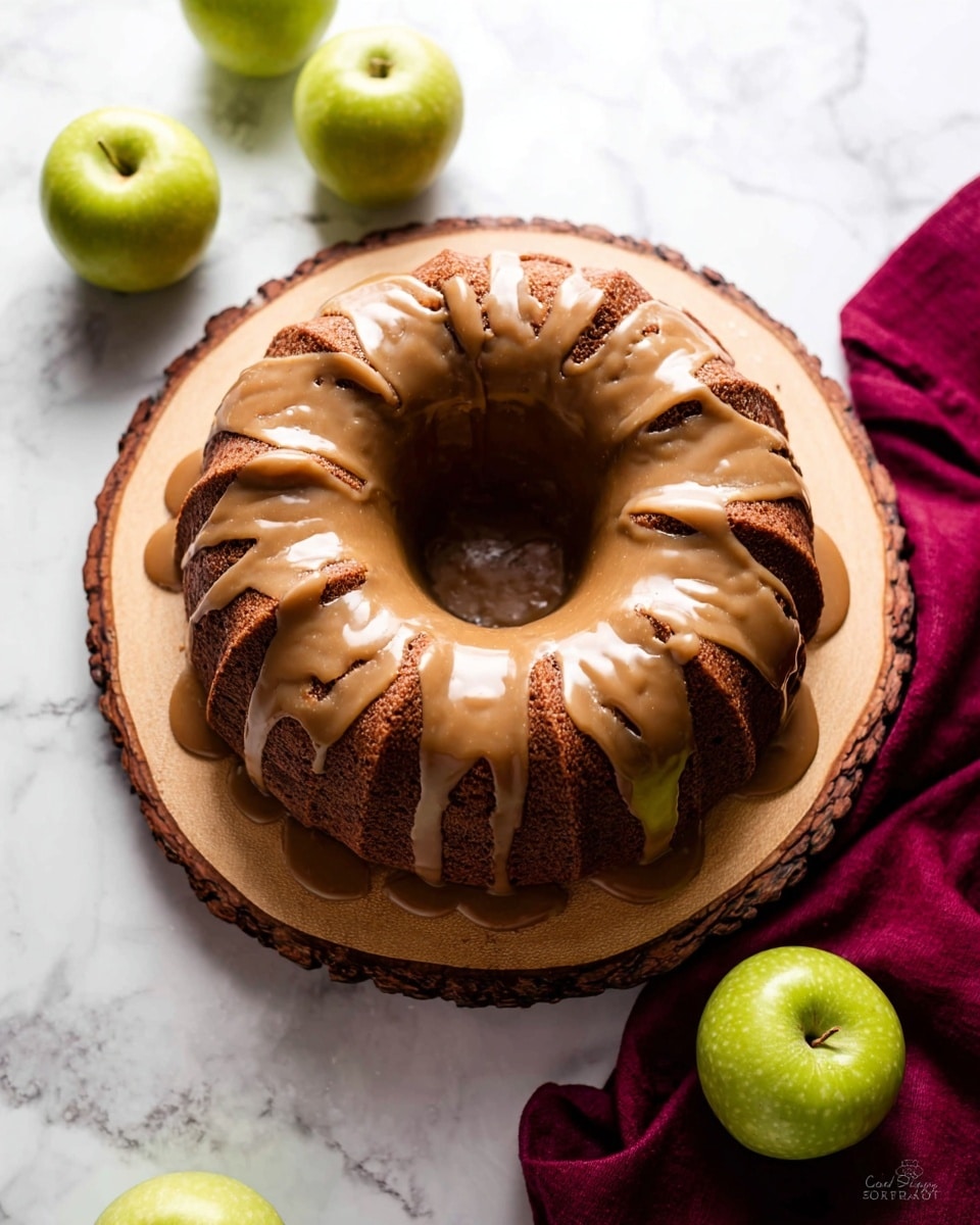 A single slice of brown bundt cake with visible small chunks of apple inside sits on a white plate. The cake has a smooth caramel-colored glaze drizzled over the top, flowing down the sides. The cake texture looks moist and dense with a slightly coarse crumb. In the background, part of the whole bundt cake is blurred out, showing the same brown color and caramel glaze. There is a green apple and a soft dark red object also blurred in the background, all set on a white marbled surface. Photo taken with an iphone --ar 4:5 --v 7