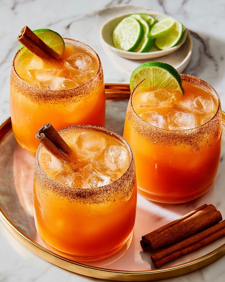 Three short, clear glasses hold an orange drink with ice cubes inside. Each glass is rimmed with a brown spice powder and garnished with a green lime wheel and a cinnamon stick angled inside. The glasses sit on a glass tray with a golden rim, placed on a white marbled surface. Behind the drinks, small white bowls hold more lime slices and cinnamon sticks, adding extra colors of green and brown to the scene. photo taken with an iphone --ar 4:5 --v 7