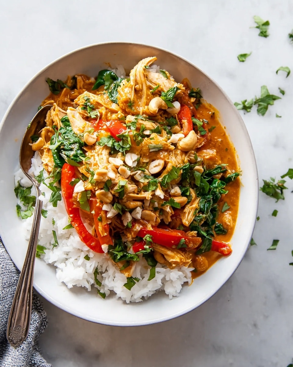 A white bowl filled with three visible layers: the bottom layer is fluffy white rice, the middle layer shows orange-brown curry sauce with visible texture, and the top layer contains shredded chicken pieces mixed with bright red bell pepper strips, leafy green spinach, whole cashew nuts, and finely chopped fresh herbs scattered over the top. A silver spoon is placed inside the bowl on the left side, and the bowl sits on a white marbled surface with some scattered herbs nearby. photo taken with an iphone --ar 4:5 --v 7