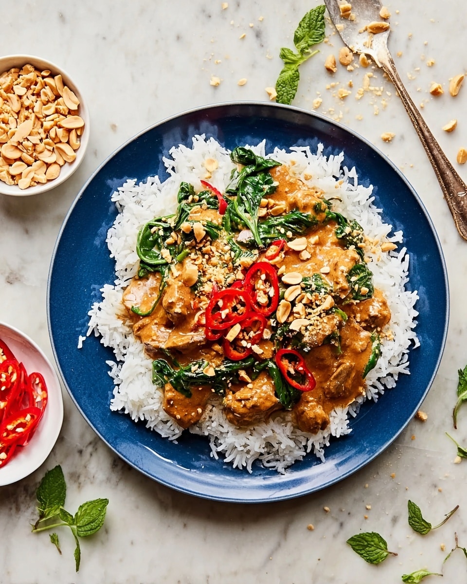 A white plate holds a layer of soft white rice at the bottom, topped with fresh green spinach leaves scattered evenly. On top of this is a rich, creamy orange-brown sauce with tender chunks of meat mixed in, sprinkled with small pieces of crushed peanuts. Bright red slices of chili pepper are spread over the dish for a pop of color. The plate sits on a white marbled surface with small scattered green herb leaves around it. Nearby, there are two small white plates, one filled with chopped peanuts and the other with sliced red chilies. Photo taken with an iphone --ar 4:5 --v 7