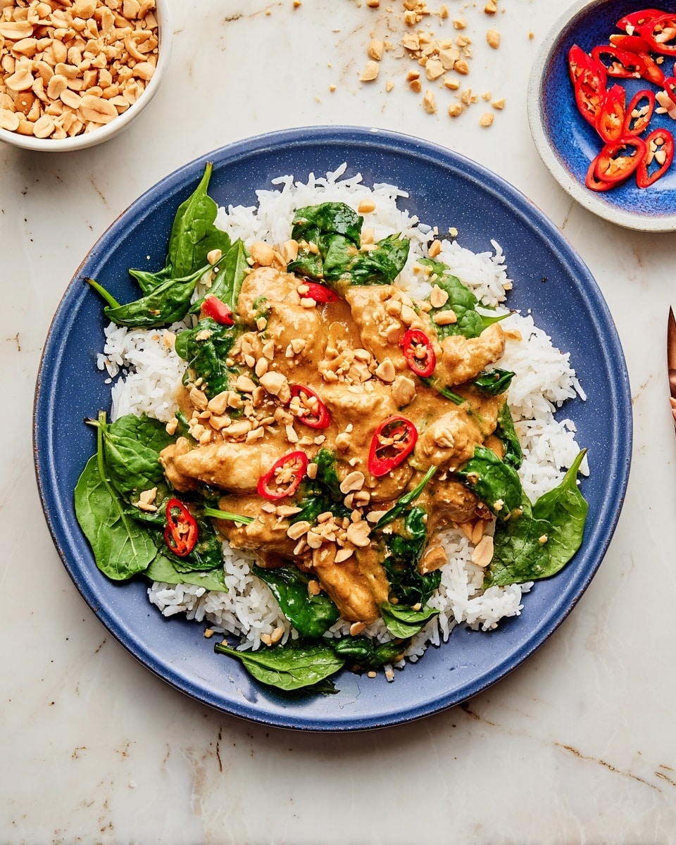A white plate holds a bed of white rice as the bottom layer, topped with fresh green spinach leaves spread unevenly. On top, there is a thick layer of light brown curry sauce with chunks of chicken mixed in, covered with chopped peanuts scattered across it. Bright red chili slices are sprinkled on the curry, adding a pop of color. The plate is set on a white marbled surface with some chopped peanuts in a small white bowl and red chili slices on a small blue plate nearby. Photo taken with an iphone --ar 4:5 --v 7